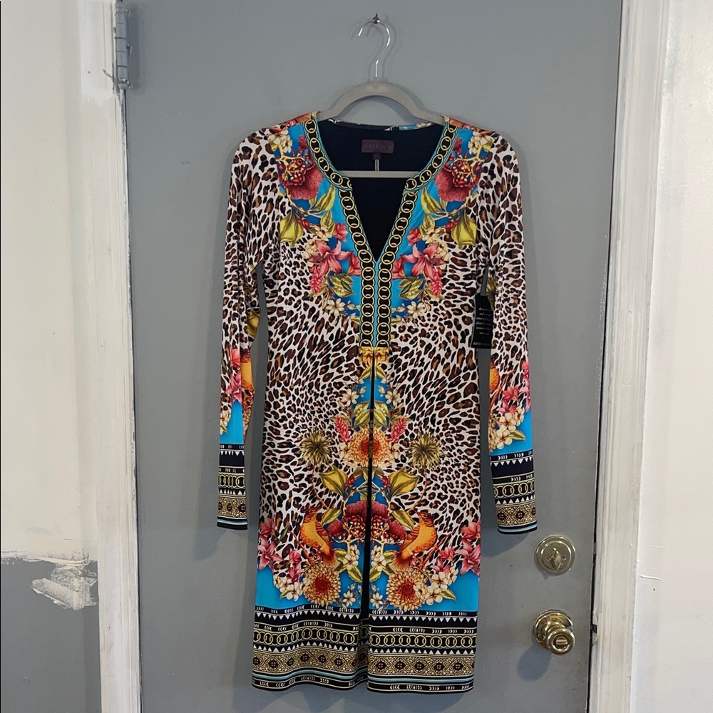 NWT Hale Bob colorful A-line dress with chain link design neckline and cuffs‎ XS